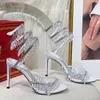 Люстра бежевые хрустальные сандалии Rene Caovilla Cleo 95-мм элегантные вечерние сандалии, инкрустированные странами, инкрустированные змеевым стилевым каблуком дизайнерские туфли для вечеринок