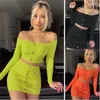 Work Dresses Women 2 Piece Set Knitted Off Shoulder Cloth Orange Black Button Slash Neck Crop Tops Lady Sexy Mini Skirts Female