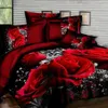 Yatak Setleri 4pcs 3D Yatak Çizgisi Keten Kılıf Kapağı Ev Yatak Seti Kılıf Kırmızı Gül Çiçek Yatak Seti Çift İkiz Kral Tekstil