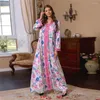 Ethnische Kleidung elegant Jalabiya Blumendruck Frauen Langes arabisches Kleid marokkanischer Kaftan Dubai Abaya Abend Party Ballkleid Ramadan Muslim