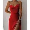 Robes décontractées femmes chaîne liée col bénitier fendu cuisse Slip robe été mode Femme Spaghetti sangle Maxi tenues fête anniversaire