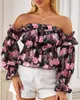 Women's Blouses Spring Women Floral Print Off Shoulder Ruffles Blouse 2023 Femme Casual Long Sleeve Pink Top Office Ladies Outfits Tunic