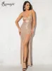 Robes de soirée sexy col en V à lacets paillettes robe de soirée cocktail dos nu jambe fendue sans manches été longues robes de soirée robe de mariée 230217