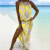 Casual Dresses Vintage Beach Pattern Printed Waist Dress Summer Seaside Holiday Halter Slit Women Sexy Sleeveless Folds Boho Maxi