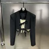 Giacche da donna ZCSMLL Personalità Giacca da donna Primavera 2023 Scollo a V Manica lunga Contrasto Scava fuori Nastro Bowknot Cappotto corto Moda