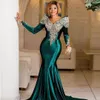Modest Mermaid Beaded Evening Dresses Appliqued Prom Gowns With Long Sleeves V Neckline Plus Size Sequined Satin Formal Dress