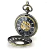 Zegarki kieszonkowe Zabytkowy brązowy szkielet mechaniczny dłoni wiatr fob klapka biznesowa męskie poket zegarek wisiork naszyjnik