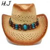 Boinas masculinas paterem chapéu de cowboy ocidental com banda de couro punk weave weave praia sol sombrero cowgirl jazz tamanho 58cm a0063