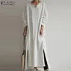 Casual Dresses Autumn Cotton Linen Kaftan Vintage Solid Long Dress Women Sleeve Split Sundress Vestidos Female Robe Plus Size