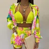 Женские брюки для двух частей Summer Beach 3pcs Set Women Cardigan Blouse Tops Shorts Set Lady повседневная рукава для лантер.