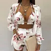 Женские брюки для двух частей Summer Beach 3pcs Set Women Cardigan Blouse Tops Shorts Set Lady повседневная рукава для лантер.