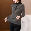 Women's Blouses Korean Fashion Mesh Women Lace Long Sleeve Shirts Navy Office Lady Blusas Femininas Elegante Ladies Tops