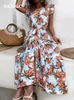 Casual Dresses Bkmgc ruffle Butterfly Sleeve Floral Print O-Neck Belt Midje Summer Autumn Women Long Maxi Boho Bohemian duk 230217