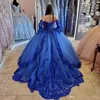 Vintage Royal Blue Princesa Quinceanera vestidos Apliques de renda com miçangas corda de corda de coreta