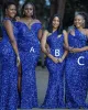 Royal Blue Sequins Bridesmaid Dresses Mermaid Floor Length Sequin One Shoulder Custom Made Plus Size Maid of Honor Gown