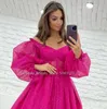 Party Dresses Ball Gown Evening Pink 2023 V-neck Long Sleeve Glitter Tulle Prom Gowns Formal DressParty