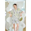 Women's Sleepwear Women Suit 2PCS Print Pajamas Sets Sexy Notched Shorts Sleep Nightwear Underwear Summer Rayon Lounge Home Wear