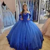 Vintage Royal Blue Princesa Quinceanera vestidos Apliques de renda com miçangas corda de corda de coreta