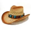 Basker kvinnor män strå western cowboy hatt med punk läder band handarbete vee strand sol sombrero cowgirl jazzstorlek 58 cm a0063