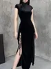 Casual jurken Goth Dark Romantic Gothic Velvet Asthetic Vintage Women Black Bandage Sithem Bodycon Dress Sexy Avond Wear Cheongsam 230217