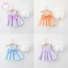 女の子のドレス2pcs/set surmer for girls seat for sweet bow flower children closedeevelessコットンパーティープリンセス幼児幼児衣装帽子