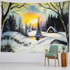 タペストリー油絵の雪のシーンタペストリーウォールハンギングクリスマスツリー自然景色サイケデリック魔術の美学室の家の装飾