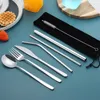 Geschirr Sets 304 Edelstahl Set Löffel Gabel Messer mit Metall Stroh Wiederverwendbare Reise Camping Besteck Tragbare Tasche