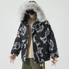 Piumino da uomo 2023 Winter Japanese Trend Cartoon Print Abbigliamento in cotone Giacca con cappuccio con collo in pelliccia di grandi dimensioni