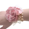 Fleurs décoratives Demoiselle D'honneur Poignet Bracelet De Noce Polyester Ruban Rose Perle Arc Bridel Cadeaux Danse Accessoires