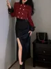 Платье с двумя частями Осенье Кристамс Двух кусочков Женский короткий кожа кожаный костюм женский корейский стиль элегантный винтажный Midi Skirt Set 230217