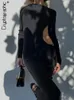 Lässige Kleider Kryptographisches Langarm Sexy Rückenfreies Partykleid für Frauen Kleidung Club Elegantes Kleid Midi Vestido Mode Outfits 230217