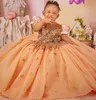 2023 Gold Flower Girl Dresses Jewel Neck Illusion Ball Gown Cap Sleeves Crystal Beading Kids Girls Pageant Dress Floor Length Birthday Gowns