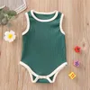 Rompers Baby's Ribbed Jumpsuit Toddler Boy Girl Solid Color O-Neck ärmlös Romper Button Short Pants andningsbara sommarkläder