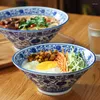 Bols bleu et blanc porcelaine vaisselle céramique Ramen trompette chapeau bol pour grande soupe nouilles légumes ménage El