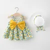 Fille robes été enfant en bas âge bébé enfants filles nœud papillon vêtements sans manches mignon imprimé fleuri robe fête princesse chapeau ensemble # p4