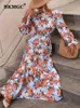 Casual Dresses Bkmgc ruffle Butterfly Sleeve Floral Print O-Neck Belt Midje Summer Autumn Women Long Maxi Boho Bohemian duk 230217