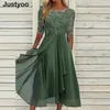 Casual Dresses Elegant Green Party Women O Neck Lace Half Sleeve Prom For Solid A-Line Boho Sexy Long 230217