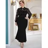 Abbigliamento etnico Donna Abito lungo aderente in rete ricamata Abito da sera africano Plus Size Eid Ramadan Abaya musulmano Dubai Turchia Caftano