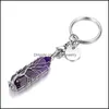 Nyckelringar Natural Stone Wrap Tree of Life Hexagonal Prism Keychains Healing Rose Crystal Car Decor Keyholder For Women Men 49x12x1m DHVDM