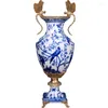 Vaser Design Luxury Antique Bronze Ceramic Home Decoration Brass och Blue White Porslin