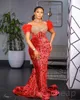 2023 Árabe Aso Ebi Red Mermaid Prom Dresses Cristais Feather Feather Festa formal Segunda recepção Vestidos de noivado de aniversário ZJ187