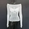 Sexy See Through Mesh Women T-shirt White Off Shoulder Long Sleeve Ruched T-shirt Female Spring 2302161