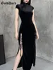 Casual jurken Goth Dark Romantic Gothic Velvet Asthetic Vintage Women Black Bandage Sithem Bodycon Dress Sexy Avond Wear Cheongsam 230217