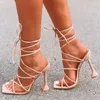 Sandales grande taille été Sexy à lacets femmes bout carré talon pointu croix attaché chaussures de fête talons hauts pompes Zapatillas Mujer