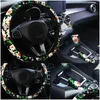 Car Dvr Steering Wheel Covers Ers 3Pcs Set Unique Flower Car Er Handbrake Sleeve Gearshift Interior Accessories Drop Delivery Mobiles Dhntu