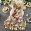 Casual Dresses 2023 Summer Women Tie-Dye Floral Chiffon Dress Ladies Sexig V-ringad elastisk Slim Holiday Beach Boho Long Vestidos