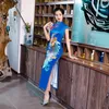 Ethnic Clothing Blue Plus Size 4XL 5XL Women Elegant Dresses Chinese Cheongsam Long Satin Dress Daily Flower Qipao