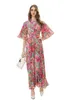 Robes de défilé pour femmes col rond manches 3/4 plissé imprimé floral élégant mode robes de bal