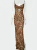 Robes décontractées Julissa Mo imprimé léopard col en V sexy moulante longue robe femmes à lacets dos nu été bretelles féminines fête plage robes 230217
