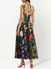 Casual jurken vgh vintage print bloemenjurk voor vrouwen vierkante kraag mouwloze hoge taille backless colorblock midi vrouwelijke kleding 230217